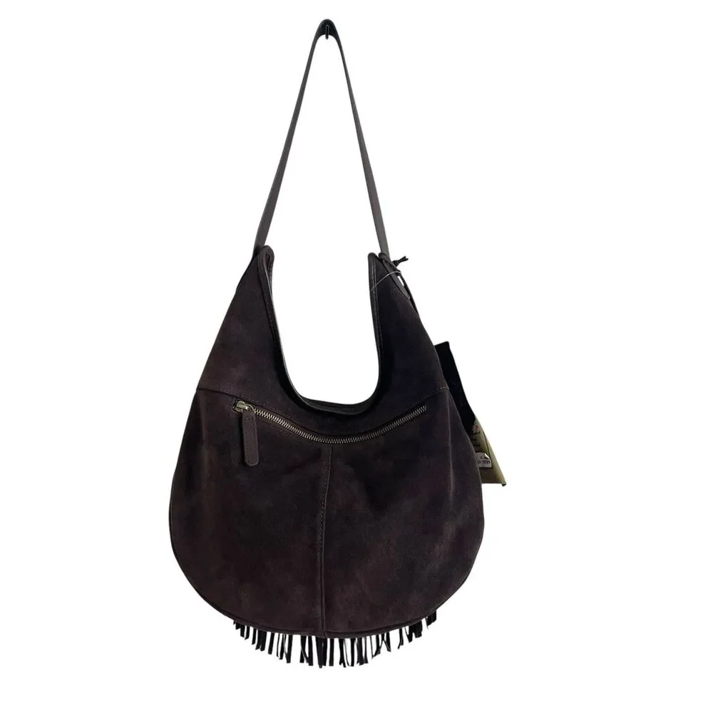 Vilenca Holland Dark Brown Suede Fringe Hobo Bag Boho Festival Western NWT